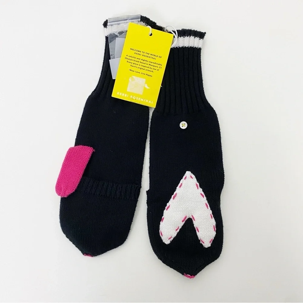 Kerri Rosenthal Heart Mittens Black & Pink Convertible Cotton Cashmere Blend